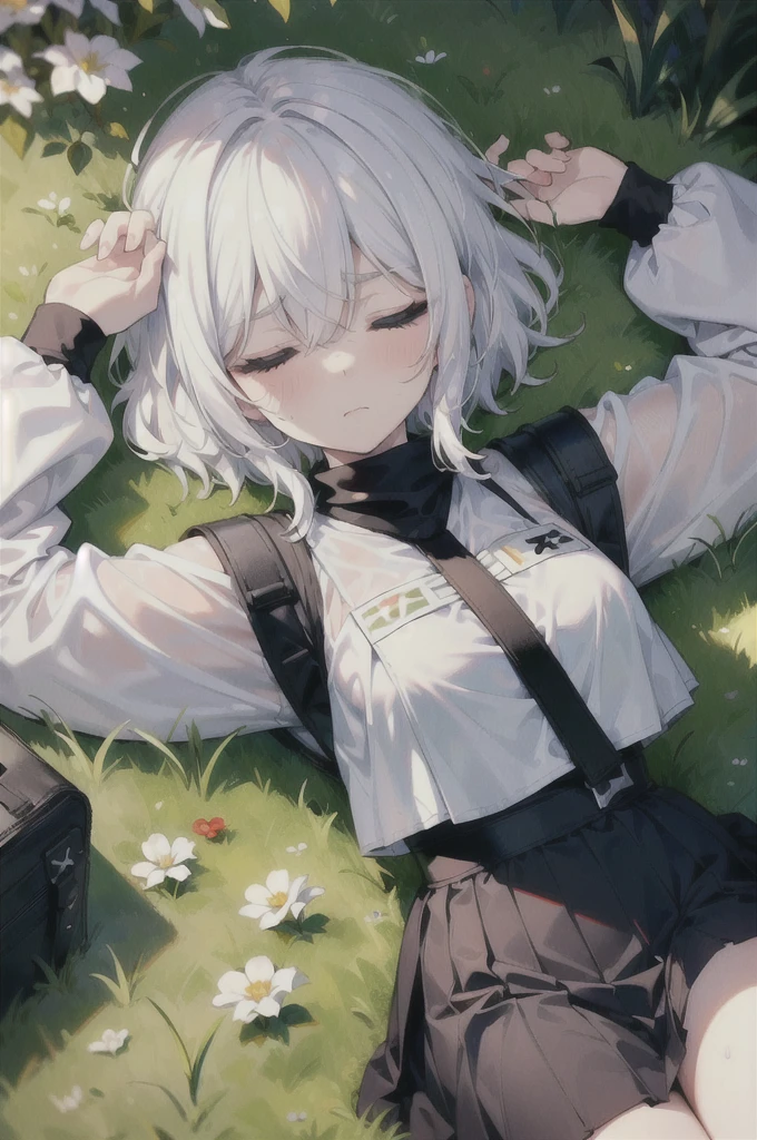 ((high quality)), ((masterpiece)), 8k, slim sleepy army girl, white hair, half black balaclava mask, black berret, white cropped shirt, wet clothes, mini skirt, bulletproof vest, lying down on the ground, grassy land, arms up, 1arm stretched up, closed eyes, relaxed eyebrows, ((sleepy facial expression)), ((blank stare)), ((head facing right side)), 