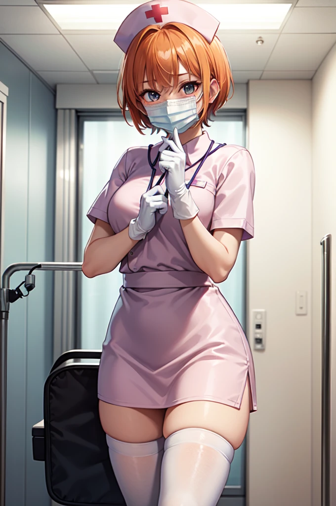 1girl, solo, nurse, nurse cap, white nurse uniform, ((white legwear, zettai ryouiki)), white gloves, very short hair, orange hair, ((white surgical mask, covered nose)), standing, ((hospital room)), sharp outline, short sleeves, tomboy, boyish, best quality, masterpiece