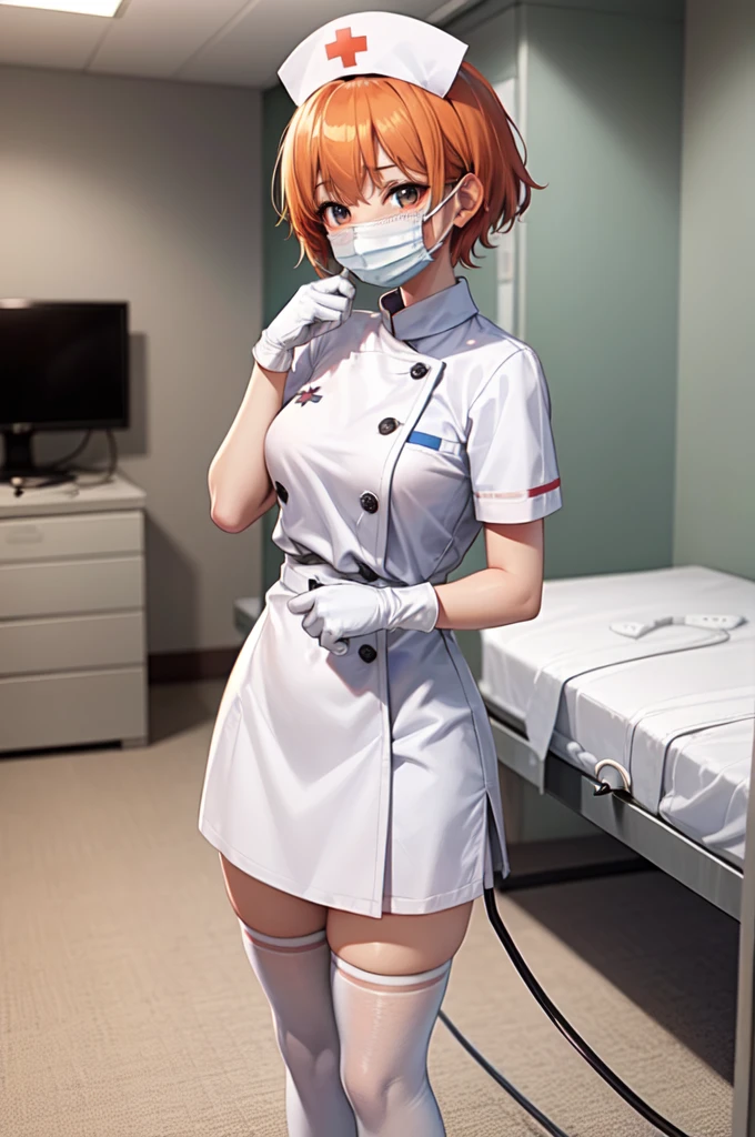 1girl, solo, nurse, nurse cap, white nurse uniform, ((white legwear, zettai ryouiki)), white gloves, very short hair, orange hair, ((white surgical mask, covered nose)), standing, ((hospital room)), sharp outline, short sleeves, tomboy, boyish, best quality, masterpiece