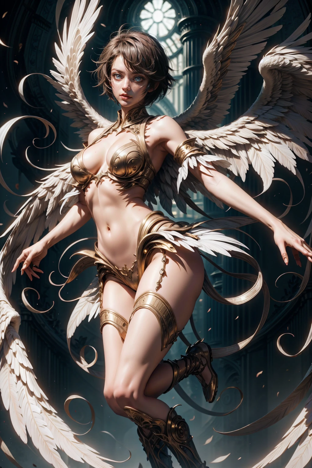 sexy standing angelic woman with glasses, tomboy short hair, and white wings, movement pose, fully body, hands on breasts