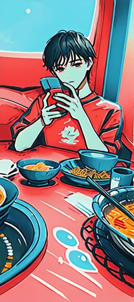 masterpiece,best quality,High Detail,There is a short-haired,No bangs,Chinese boy taking a photo of a bowl of soup, eat, He was about 18 years old, cai xukun, eat noodles, exclusive, He was about 18 years old, He was about 18 years old,