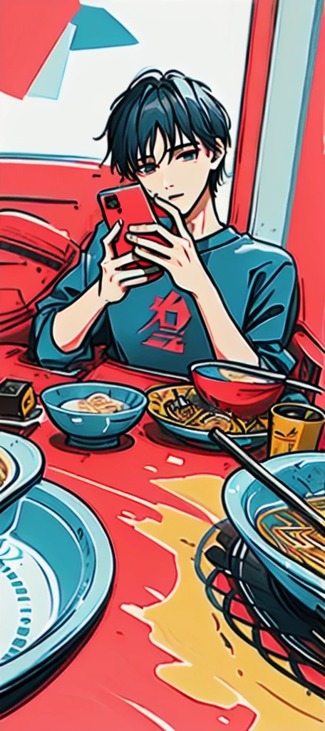 masterpiece,best quality,High Detail,There is a short-haired,No bangs,Chinese boy taking a photo of a bowl of soup, eat, He was about 18 years old, cai xukun, eat noodles, exclusive, He was about 18 years old, He was about 18 years old,