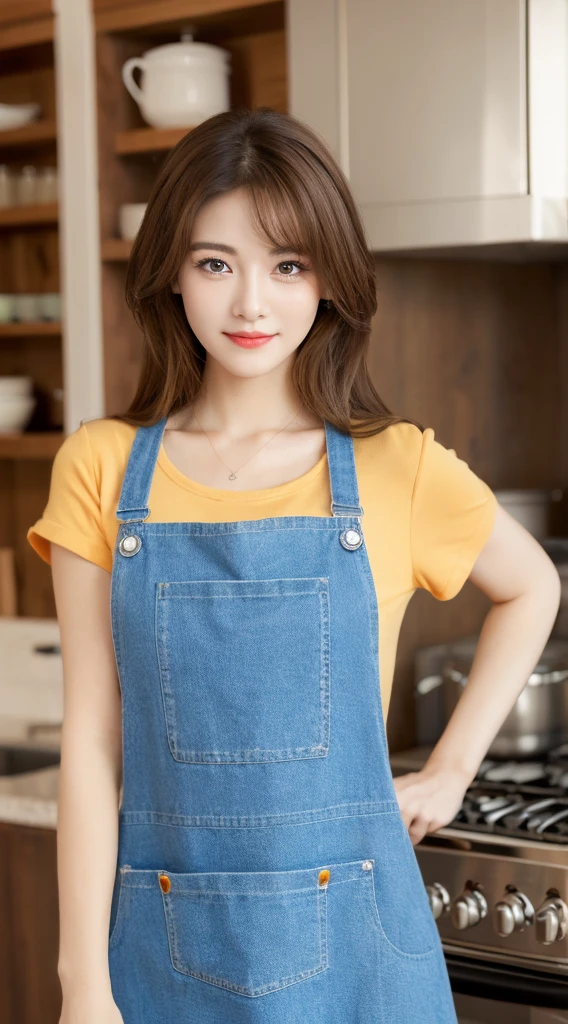 (highest quality, 8K, masterpiece: 1.3), beautiful woman with perfect figure: 1.2, dark brown hair, wearing a pendant, Wearing an apron, in the kitchen, highly detailed face and skin, fine eyes, double eyelid, ((full body shot:1.2))、