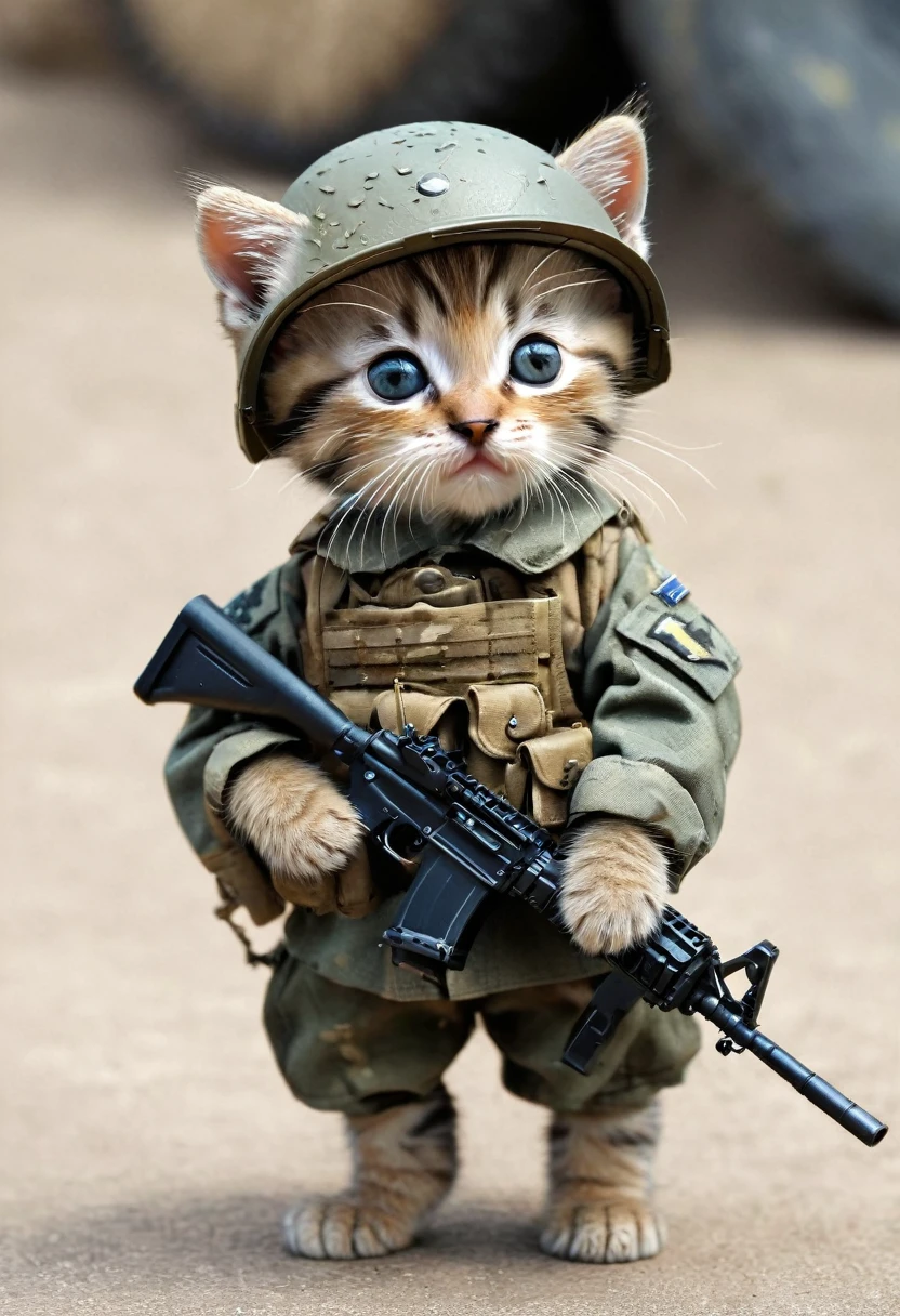 A cute little kitty,Infantryman's clothing,With a machine gun in hand,Very majestic and domineering