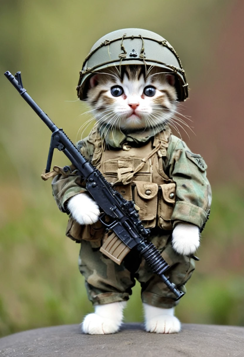 A cute little kitty，Infantryman&#39;s clothing，With a machine gun in hand，Very majestic and domineering