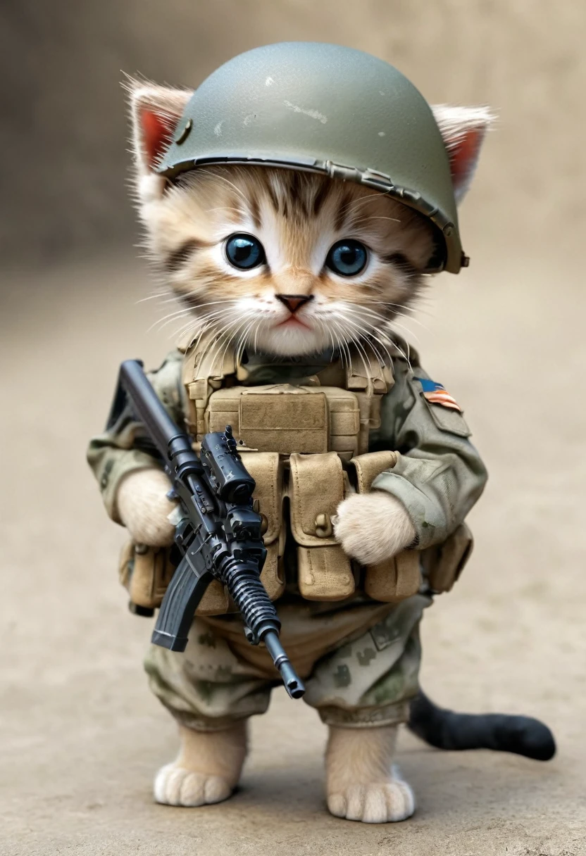 A cute little kitty，Infantryman&#39;s clothing，With a machine gun in hand，Very majestic and domineering