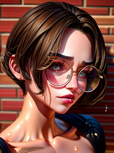 dynamic close-up of the upper part of 1 Extremely slim and beautiful woman, perfect body, shapely face, skin with highly detailed depth, she stands Against a brick wall, (haircut, black hair), (detailed eyes, eyes large and light brown and shiny, curved eyelashes, big glasses), (sensual mouth), wearing short sweater showing shoulders, ultra realistic image vibrant and perky, (she is all wet), dynamic vision, high quality 32k, hyper-realistic, cinematographic.