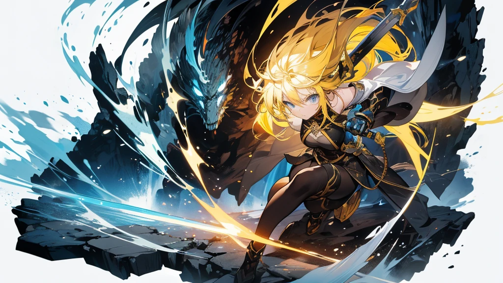 At the deepest part of the cave, a yellow-haired female swordsman with a long sword is fighting a monster.