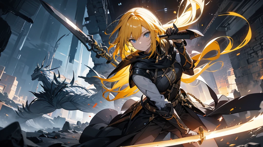 At the deepest part of the cave, a yellow-haired female swordsman with a long sword is fighting a monster.