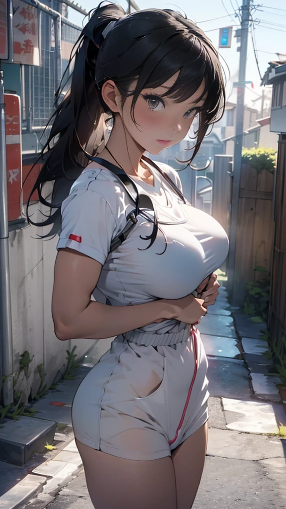 ((best quality, ultra-detailed, volumetric lighting)), 1 beautiful woman(( 28s, huge breasts,fitness body, beautiful, long hair ponytail)), nurse, ((nude))