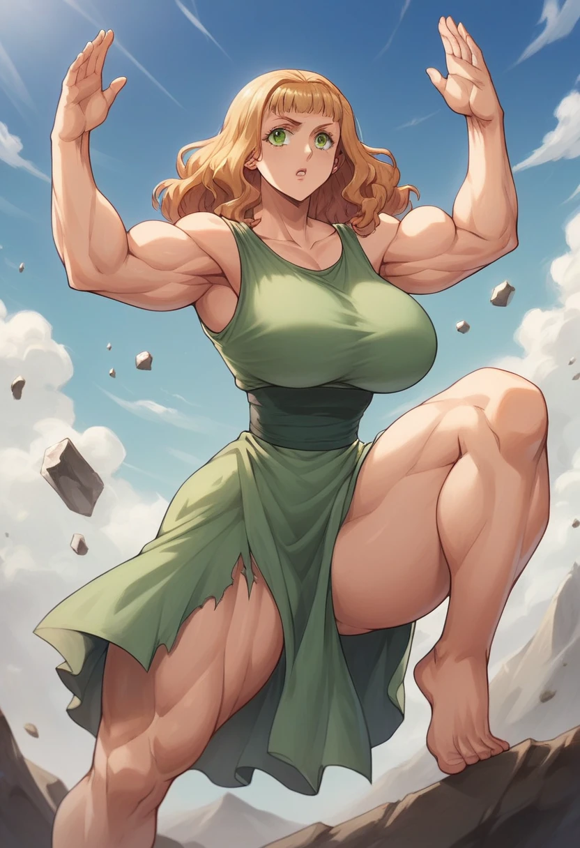 vermilion mimosa, Women, defined body, big breasts, small waist, thin arms, noodle arms, beautiful arms, small waist, defined abdomen, muscular legs, wide legs, too muscular legs, huge legs, barefoot, dressed in a green Greek tunic, bare arms, and sexy legs, showing some of her huge breasts, Kicking, in a mountain, many stones destroyed, alone, perspiration