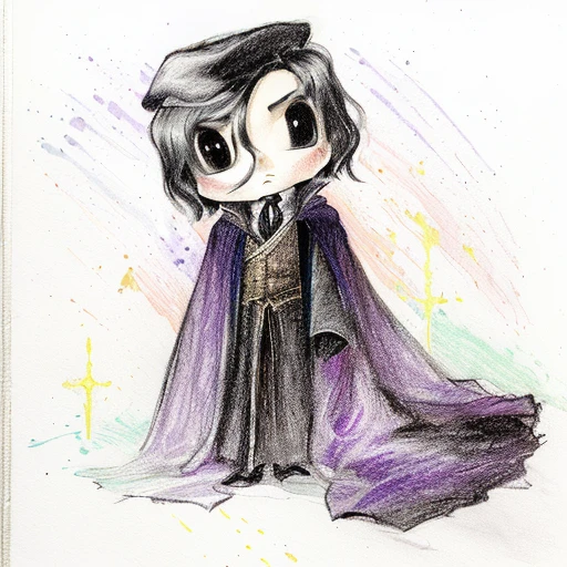 a drawing of a cartoon character with a cape and a hat, colored sketch, in a purple cloak, severus snape, gloomy, dark robed, ((wearing aristocrat robe)), black - haired mage, colorized pencil, prince in pastel!!!!, in dark purple robes, official fanart, with a long black cape, a pastel, sad vampire, sad wizard