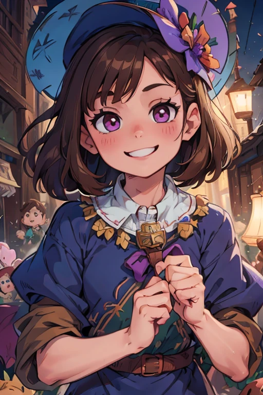 perfect face, perfect hands. A brown haired young witch with copper eyes in a navy is smiling in a bunch violet ribbons at night
