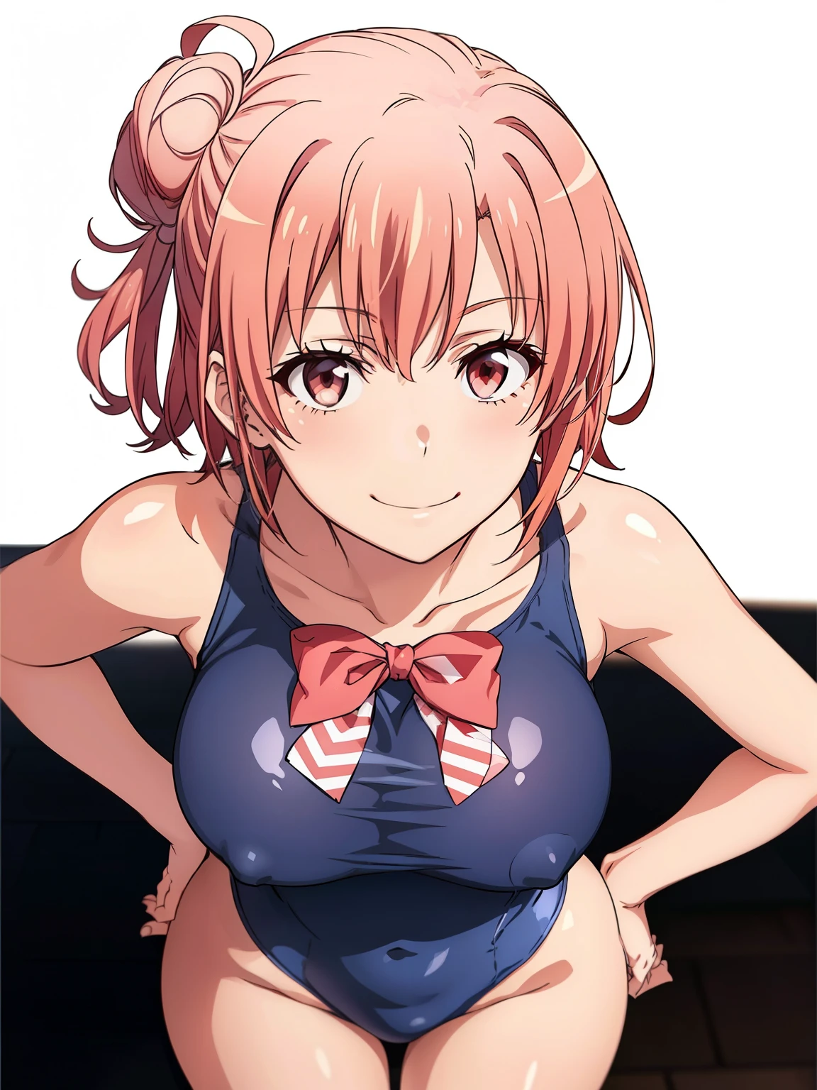 ((masutepiece, Best Quality, hight resolution, nffsw, Perfect Pixel, depth of fields, 4K, )), 1girl in, Solo, , Beautiful anime girl, Beautiful Art Style, close up, Looking at Viewer, Perfect body, Yuigahama Yui, Short hair, pink hair, hairbun, (large boob), hands on hips, bent over, see through one piece swimsuit, red bowtie, breasts, nipples, smiling, blank white background, shot from above