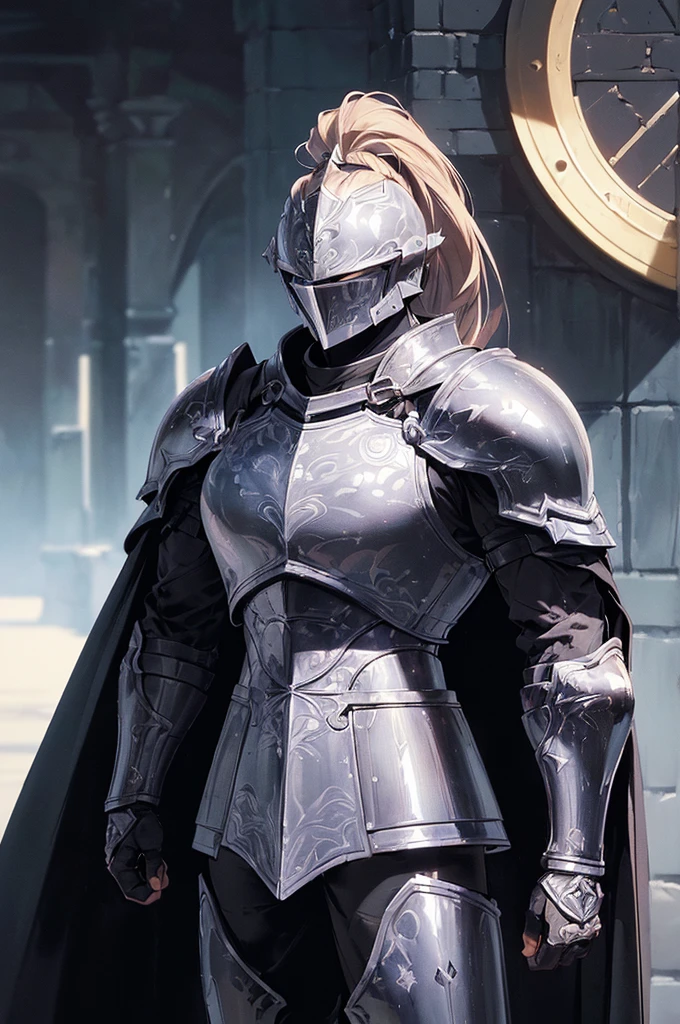 (masterpiece; best quality: 1.2), ((full armored knight man)), ((solo)), (black eyes: 1.4), (body; toned, lean, masculine: 1.3), (beautiful and clear background: 1.2), ((depth of field)), (equipment: full plate all-dark black-damascus realistic armor + closed helmet with ponytail + black cape: 1.3), (anime illustration: 1.2), (background composition; garden exterior + furniture: 1.1), (extremely fine and handsome: 1.1), (shot composition; standing + centered on torso + close-up: 1.5)