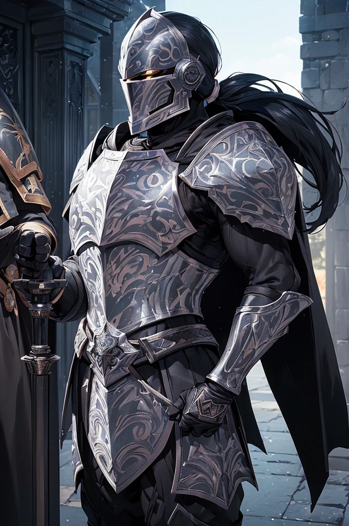 (masterpiece; best quality: 1.2), ((full armored knight man)), ((solo)), (black eyes: 1.4), (body; toned, lean, masculine: 1.3), (beautiful and clear background: 1.2), ((depth of field)), (equipment: full plate all-dark black-damascus realistic armor + closed helmet with ponytail + black cape: 1.3), (anime illustration: 1.2), (background composition; garden exterior + furniture: 1.1), (extremely fine and handsome: 1.1), (shot composition; standing + centered on torso + close-up: 1.5)