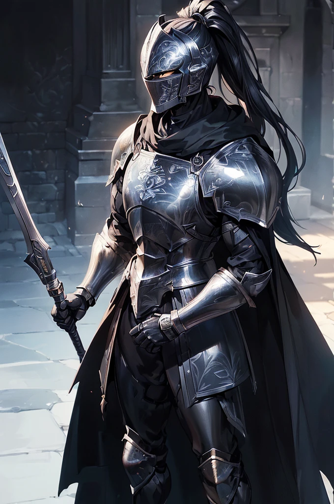 (masterpiece; best quality: 1.2), ((full armored knight man)), ((solo)), (black eyes: 1.4), (body; toned, lean, masculine: 1.3), (beautiful and clear background: 1.2), ((depth of field)), (equipment: full plate all-dark black-damascus realistic armor + closed helmet with ponytail + black cape: 1.3), (anime illustration: 1.2), (background composition; garden exterior + furniture: 1.1), (extremely fine and handsome: 1.1), (shot composition; standing + centered on torso + close-up: 1.5)