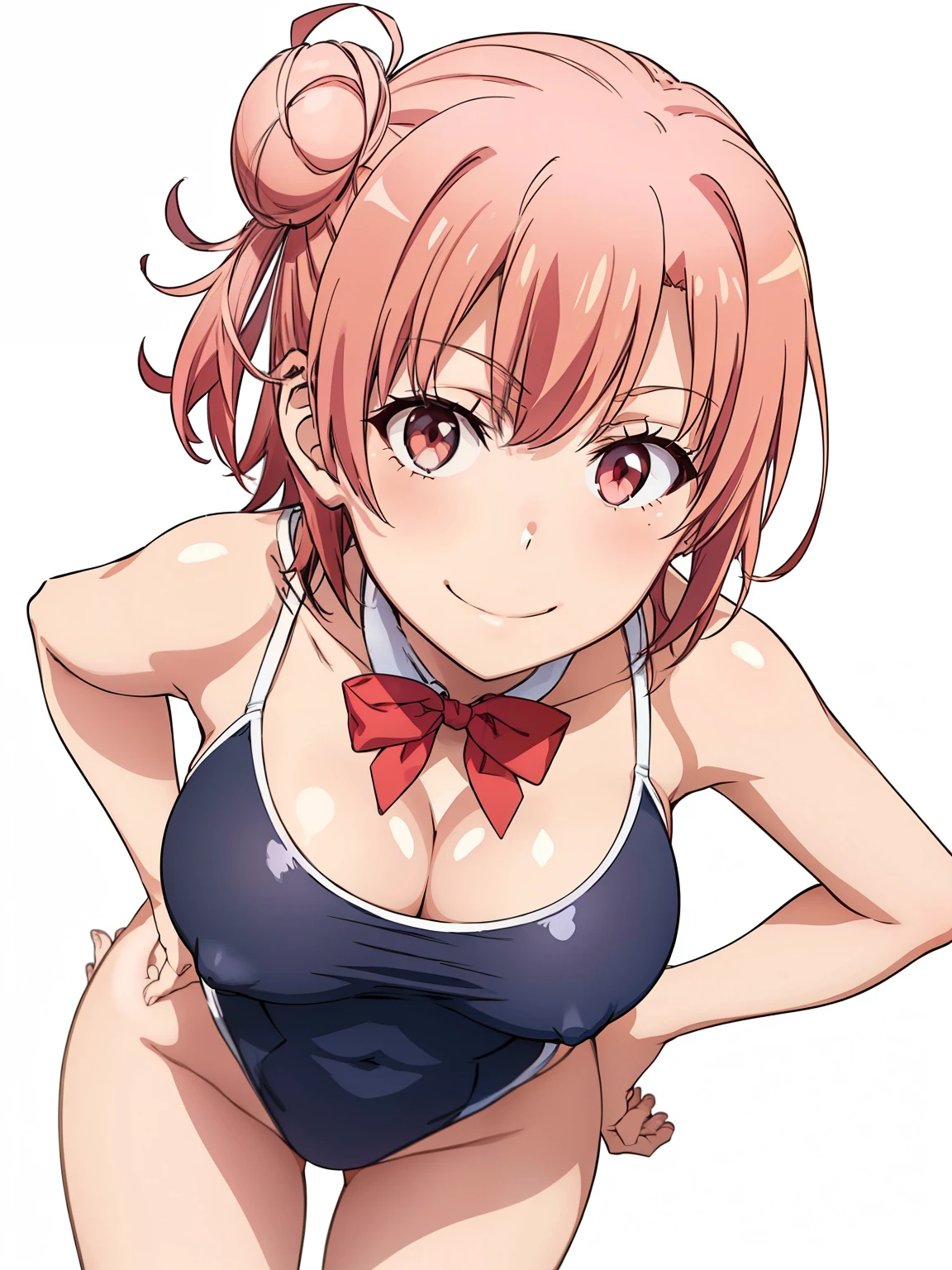 ((masutepiece, Best Quality, hight resolution, nffsw, Perfect Pixel, depth of fields, 4K, )), 1girl in, Solo, , Beautiful anime girl, Beautiful Art Style, close up, Looking at Viewer, Perfect body, Yuigahama Yui, Short hair, pink hair, hairbun, (large boob), hands on hips, bent over, see through one piece swimsuit, red bowtie, breasts, nipples, smiling, blank white background, shot from above