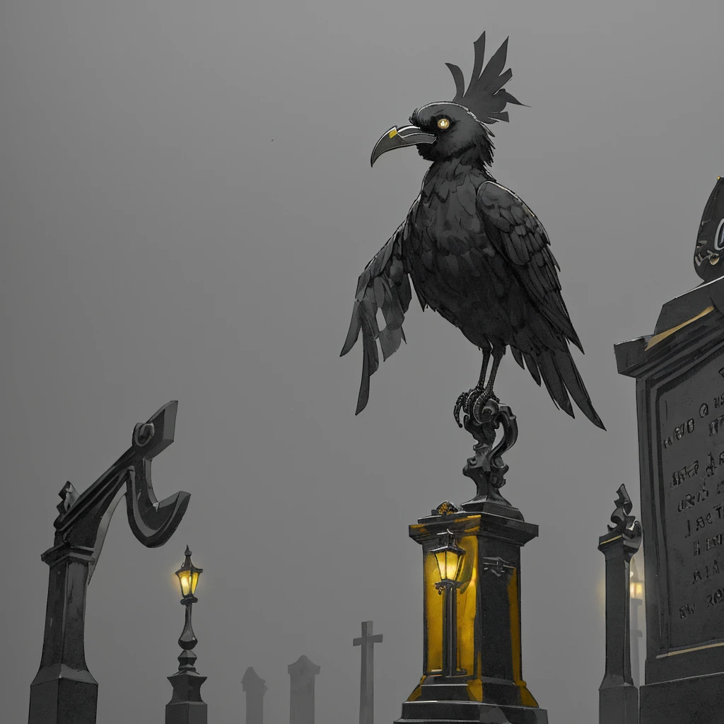 A black and gold raven, a spooky cemetery in the background and a light fog.