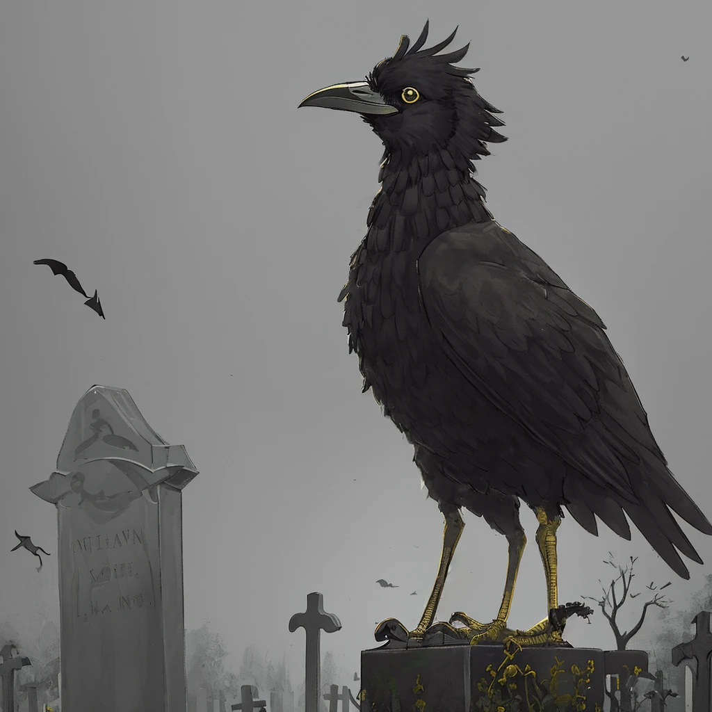 A black and gold raven, a spooky cemetery in the background and a light fog.