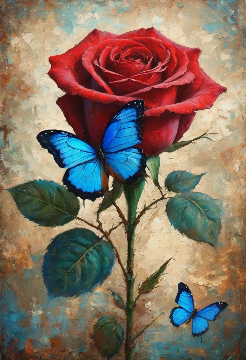 A red rose，A blue butterfly，Broken abstract background