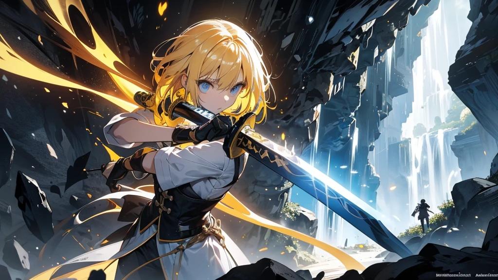 At the deepest part of the cave, a yellow-haired female swordsman with a long sword is fighting a monster.