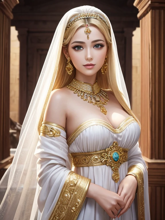 (Highest quality,Super detailed,High resolution,masterpiece,8K),Bright and vibrant colors,Official artwork,Greek white costume,Stylish makeup,Mid-length, shiny blonde hair fluttering in the wind,Captivating eyes,Glossy Lips,Beautiful woman with ample breasts,Beautiful neck line, Holding,Captivating smile,whole body,A solemn atmosphere,Old Temple,,Detailed CG,