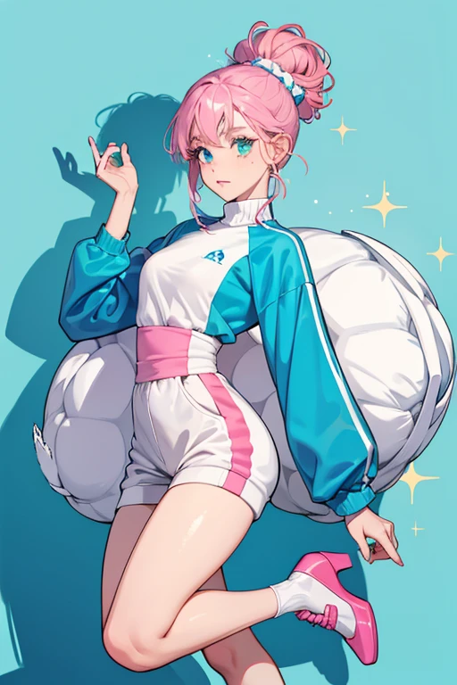 Icy Gurl has a medium skin-tone and a slightly desaturated cyan colored afro tied into two low buns. Her eyes are dark blue, and she has very soft red freckles. Due to the cold weather, her nose is a orange/pinkish color.

She wears a black, pink, and cyan tracksuit at the end of the moderate blue sleeves, is big white fur. Underneath is a white turtle neck shirt, and to finish the look she has pink and white heels. SPARKLE; GLITTER