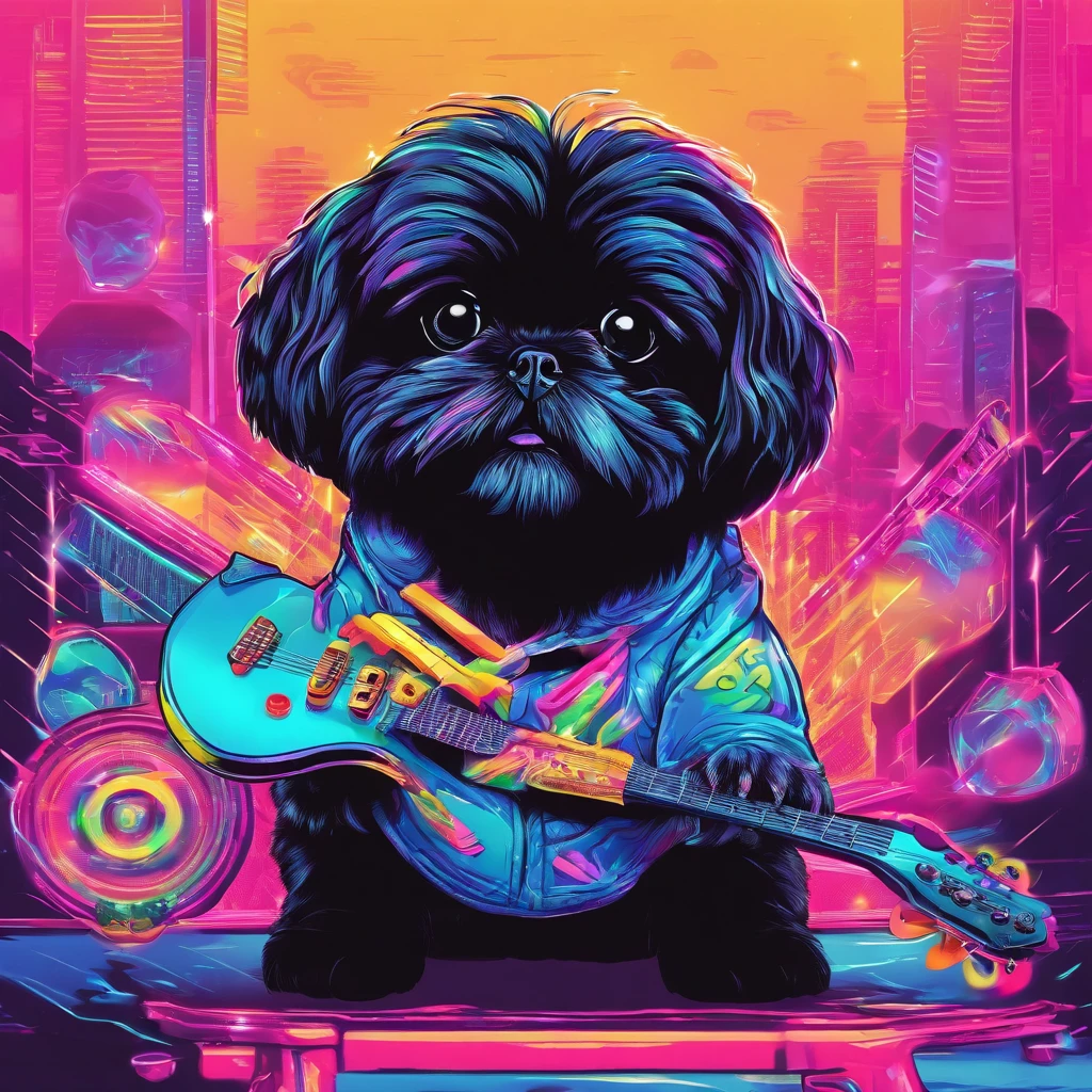 Adorable small black Shih Tzu puppy playing guitar Pixar style