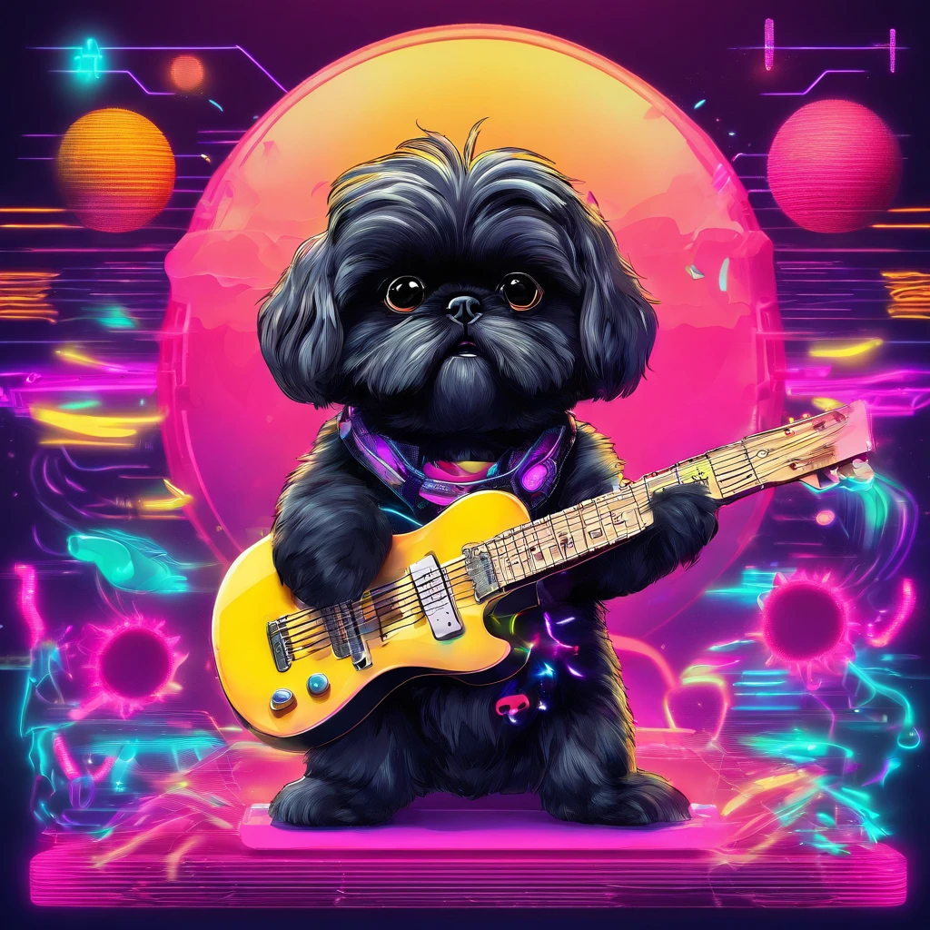 Adorable small black Shih Tzu puppy playing guitar Pixar style