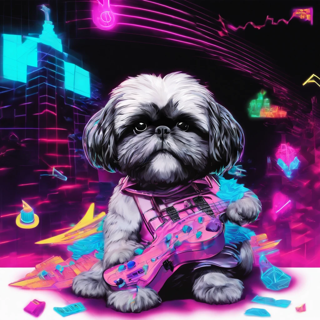 Adorable small black Shih Tzu puppy playing guitar Pixar style