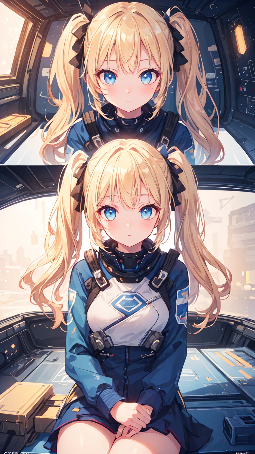 Masterpiece, beautifully detailed eyes,
stunning 4K artwork,
1 girl,
blonde hair, twin tails,
blue eyes,
ultra-realistic, (photorealistic:1.3), RAW photo, professional photography, cinematic lighting, realistic portrait, inside spaceship, sitting in cockpit,
(random cute poses:1.3),
((bokeh)), depth of field, looking towards you