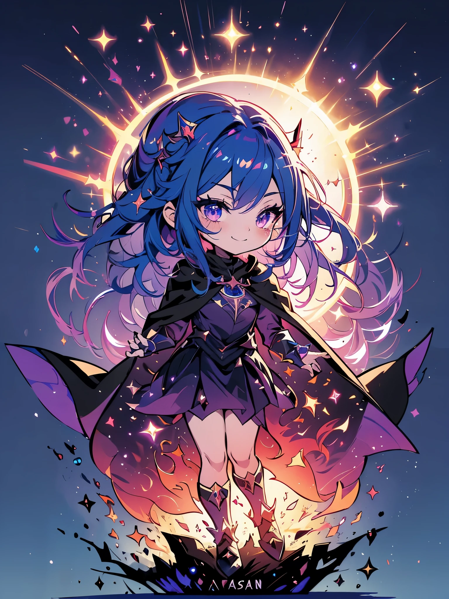 chibi, black magician, dark ages, eyeshadows, grimdark, evil smile, fly, Lancer, fully body, (((gigantic cape moving with the character floating from the ground)))