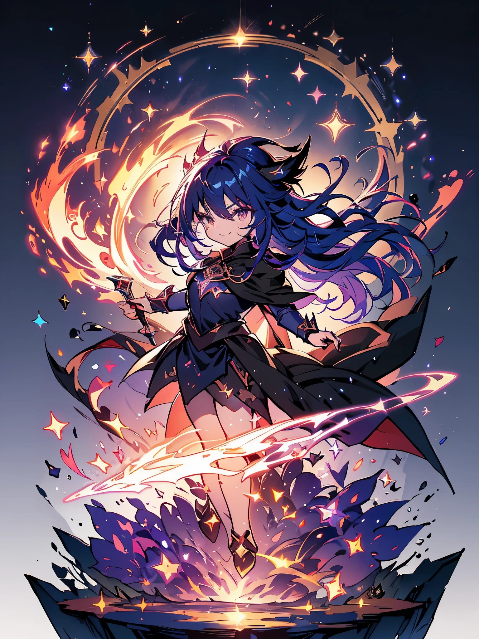 chibi, black magician, dark ages, eyeshadows, grimdark, evil smile, fly, Lancer, fully body, (((gigantic cape moving with the character floating from the ground)))