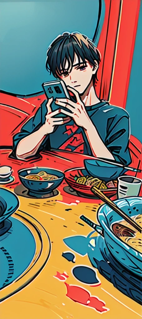 masterpiece，best quality，High Detail，There is a flat-headed，No bangs，Chinese boy taking a photo of a bowl of soup, eat, He was about 18 years old, cai xukun, eat noodles, exclusive, He was about 18 years old, He was about 18 years old, 