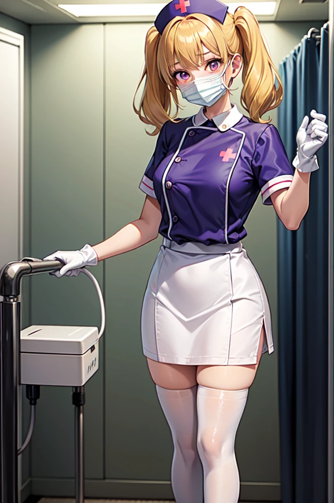 1girl, solo, nurse, nurse cap, white nurse uniform, ((white legwear, zettai ryouiki)), white gloves, twintails, yellow hair, purple eyes, ((white surgical mask, covered nose)), standing, ((hospital room)), sharp outline, short sleeves, best quality, masterpiece