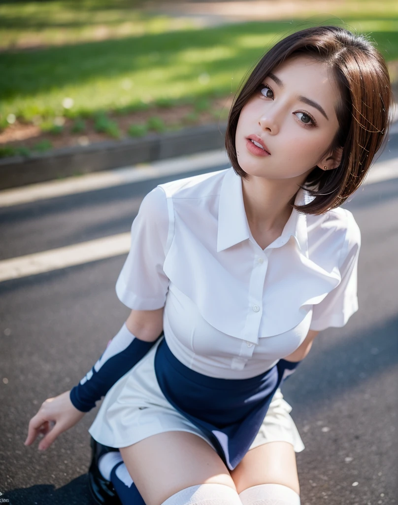 ((top quality, 8k, masterpiece: 1.3, raw photo)), Sharp Focus: 1.2, (1 aespa Girl: 1.2), (Realistic, Photorealistic: 1.37), (Face Focus: 1.1), Cute face, tenderness, small breasts, flat chest, short messy hair, spread legs, sitting, city, white summer casual shirt, sunlight, cinematic lighting