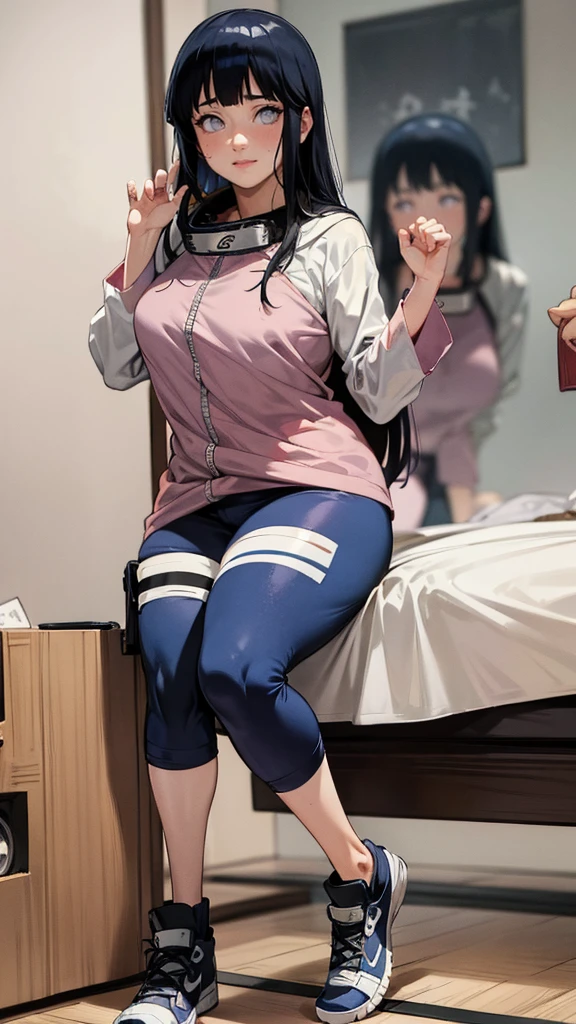 (hyuga Hinata, very sensual, with funk girl clothes, Brazilian, Rio de Janeiro, dancing funk, rolling, big-ass, legs thick, wearing leggings, wearing a mini blouse, umbigo com pirsing, sneakers Nike, big hair, Speaker behind, very realistic, extremely sexy, 8K, 8K extremamente detalhado), (an extremely delicate and beautiful), (Masterpiece artwork), (best qualityer: 1.0), (ultra highres:1.0)
