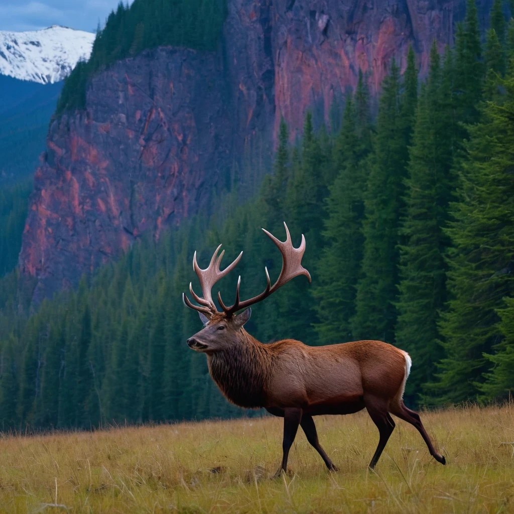 (masterpiece, 8K, UHD, RAW), A large North American red deer with large antlers and a handsome man riding on his back, the deer is a large male buck standing in the clearing of the great red wood Forest, there is a distant waterfall, and snow capped mountains, deep blue sky and vivid colours