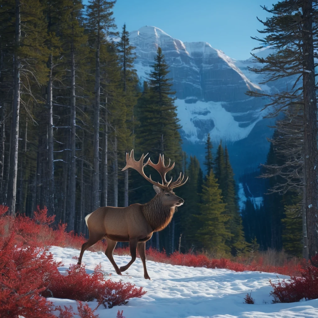 (masterpiece, 8K, UHD, RAW), A large North American red deer with large antlers and a handsome man riding on his back, the deer is a large male buck standing in the clearing of the great red wood Forest, there is a distant waterfall, and snow capped mountains, deep blue sky and vivid colours