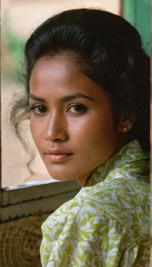 A shot taken from (((outside the window))) of a beautiful Indonesian woman in the 1970s, with her hair and clothing from the 1970s, the girl is sitting on her bed, looking out through the window, the glass of the window is somewhat tarnished and dirty at the edges, the woman is looking straight at the camera with a lost look and a slight smile, (((the shot was taken from the outside of the window))), full color with a cinematographic lighting, high definition professional photography style ,photorealistic