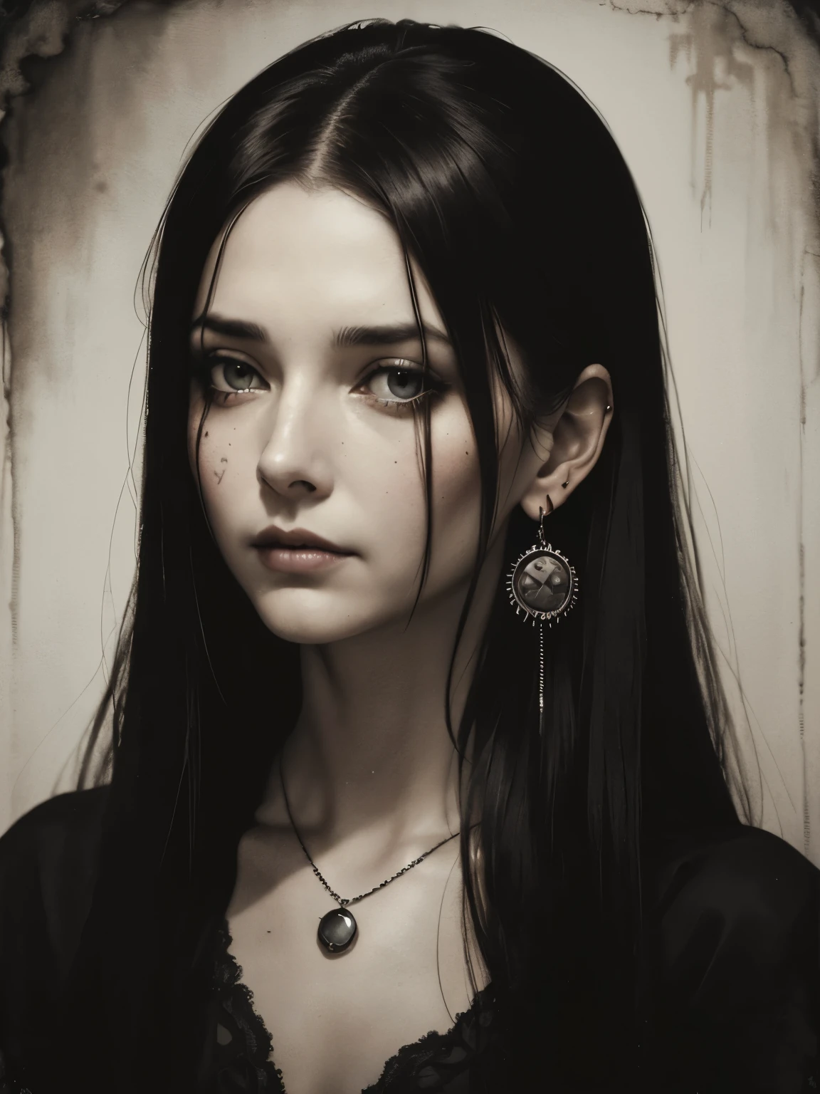 1girl, solo, brown hair, earrings, jewelry, long hair, looking at viewer, lips, (style of stephen gammell:1.2), (dark macabre:1.2), scary,horror, weird, simple colors, imaginative, watercolors, abstract painting, lines, masterpiece, bokeh, best quality, intricate, film noir, sepia tones, black and white
