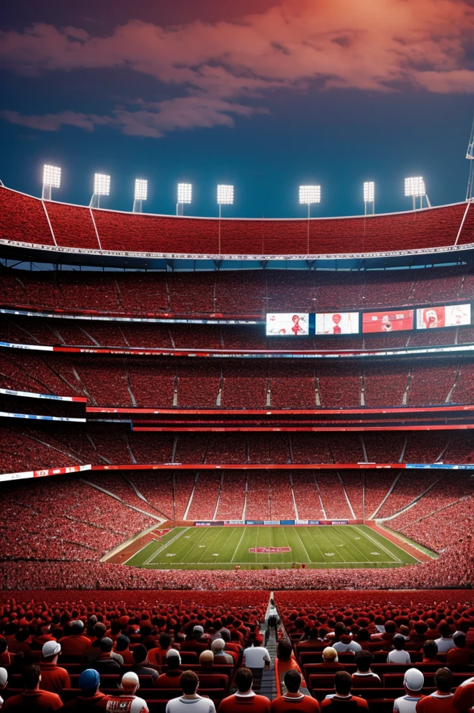 Create an image of a stadium full of 4 stands and among all those people, paint 150 people divided between the 4 stands red.