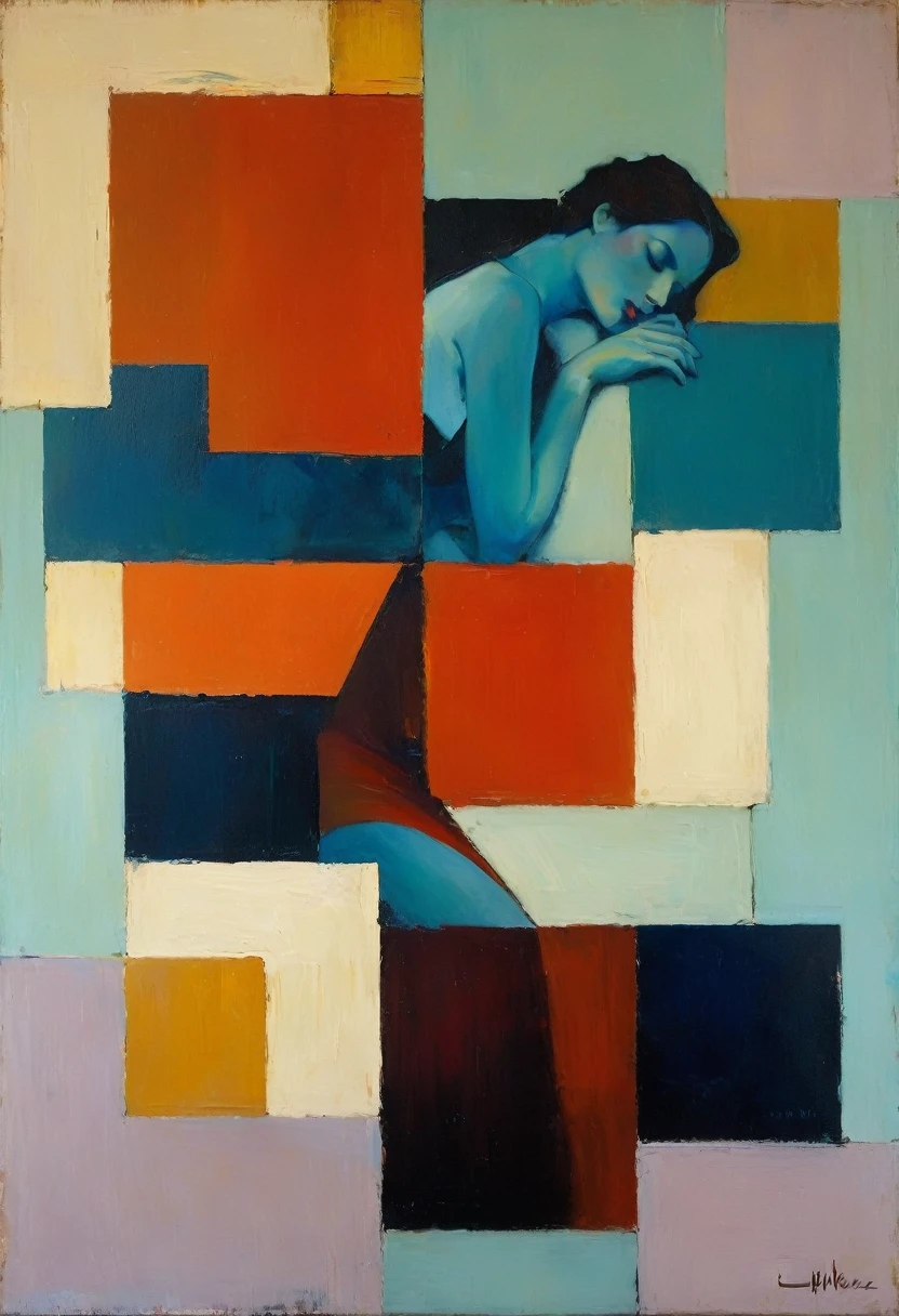 Create an evocative oil painting inspired by Malcolm Liepke, Capture the man's introspective expression and refined mood using thick, expressive brushstrokes. Infuse the painting with a warm, muted color palette, incorporating earthy tones and deep blues. Highlight the dramatic interplay of light and shadow, casting a soft, golden glow from the window. Emphasize the tactile quality of the oil paint and maintain a simple, textured background that complements the subject's contemplative presence. Blurry effect