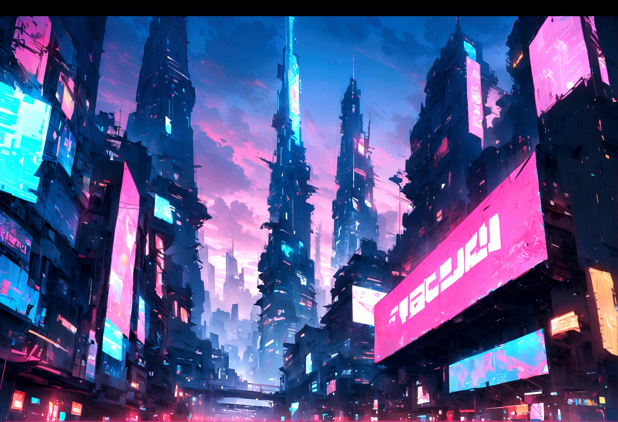 Future Architecture, Cyberpunk, Tallest Building, Sky Landscape, Neon lights on buildings, 8K picture quality, masterpiece, nobody