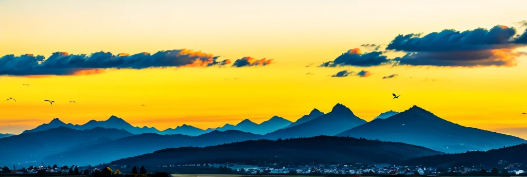 Yellow afternoon sky, mountain, birds flying