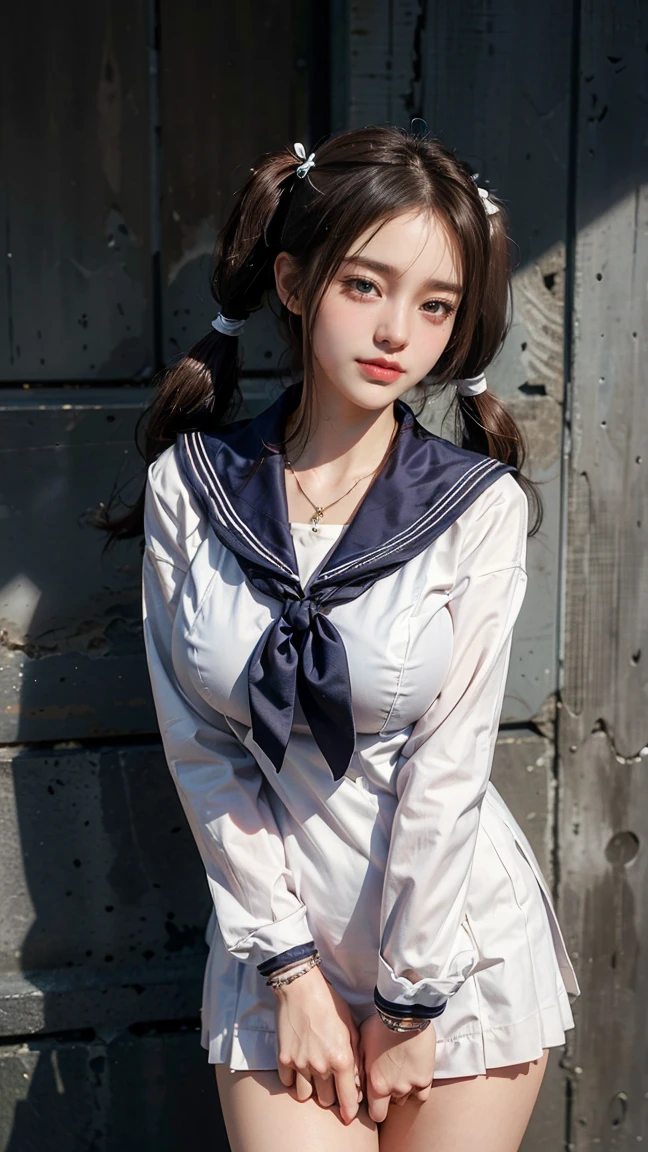 (Masterpiece, BestQuality:1.3), (ultra detailed:1.2), (hyperrealistic:1.3), (RAW photo:1.2),High detail RAW color photo, professional photograph, (Photorealistic:1.4), (realistic:1.4), ,professional lighting, (japanese), beautiful face, (realistic face), cute woman, (Brown Hair, Big Breasts:1.5), (Smile:1.5), Trending Hair&Trending Hairカラーをランダムに, earrings, necklace, bracelet, sexly, erotic sexly, Random sexy gravure poses, ((((Beauty in a sailor suit、In the school hallway、Embarrassed look、Twin tails、Leaning against the wall pose。:1.2), Beautiful location, (Detailed Background))