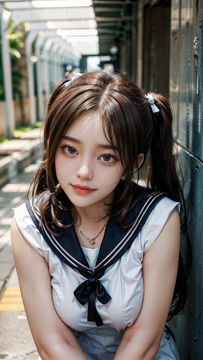 (Masterpiece, BestQuality:1.3), (ultra detailed:1.2), (hyperrealistic:1.3), (RAW photo:1.2),High detail RAW color photo, professional photograph, (Photorealistic:1.4), (realistic:1.4), ,professional lighting, (japanese), beautiful face, (realistic face), cute woman, (Brown Hair, Big Breasts:1.5), (Smile:1.5), Trending Hair&Trending Hairカラーをランダムに, earrings, necklace, bracelet, sexly, erotic sexly, Random sexy gravure poses, ((((Beauty in a sailor suit、In the school hallway、Embarrassed look、Twin tails、Leaning against the wall pose。:1.2), Beautiful location, (Detailed Background))