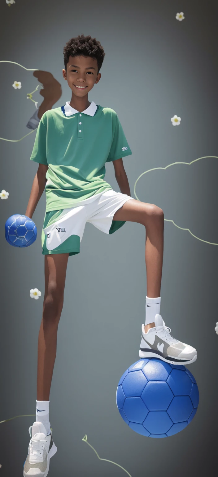 14 year old boy,(Wearing white tennis clothes,Wearing green socks),Dark skin,Big round eyes,Very short hair,Tall and skinny,Toothy Smile,Sharpen details,Knee muscle lines,Blue Background,Hold a bouquet of flowers in your hand