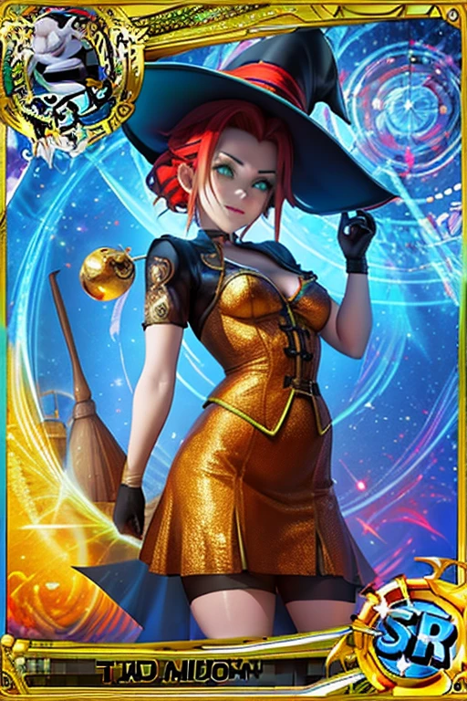 Trading card of A perfect photorealistic(RENDER512:1.1) of a cheerful witch in a cone-shaped hat, (green eyes:1.2), red hair, (green elbow-length gloves:1.2), potions shop, magical interior, working environment, there are magical vibes fluids and magical sparks in the air, Eszter Mattioni, digital art in the jaw dropping of (goosebumps art by tim jacobus:1.43):(3D BEEPLE STYLE:0.333) BY(Dr.Suess, ALEX GREY)! 8 k, 32 k, HDR, foodphoto, conceptual art